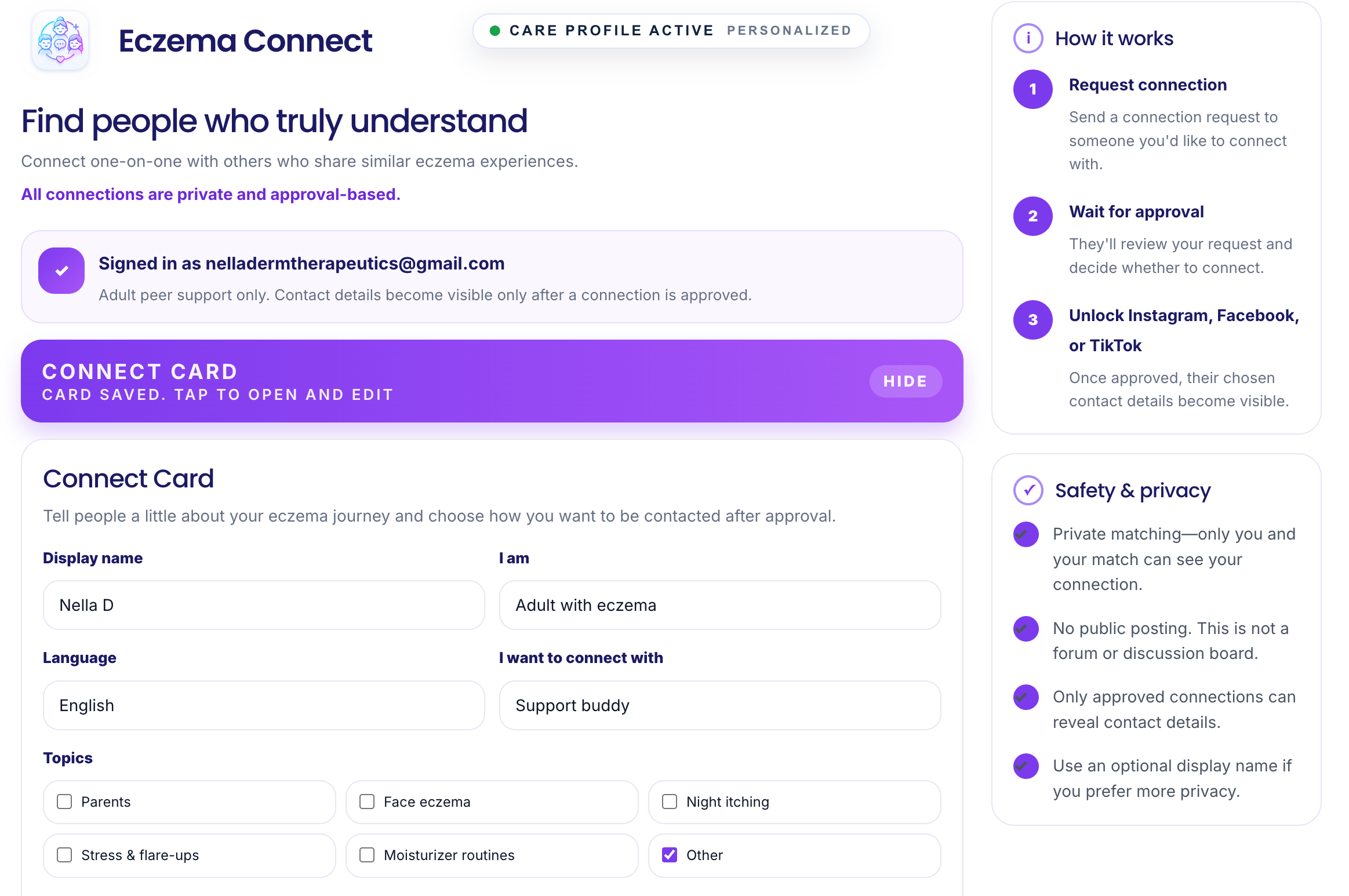 Screenshot of the MyEczema Support Network